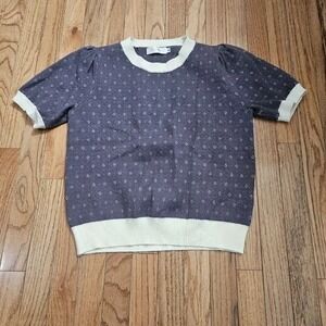 Knit Mix Short Sleeve Knit Sweater Top Charcoal Cream Trim Size M